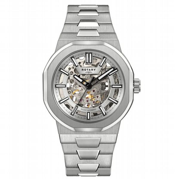 Rotary Men'S Regent Skeleton Automatic Ss Bracelet Silver Dial 100M
